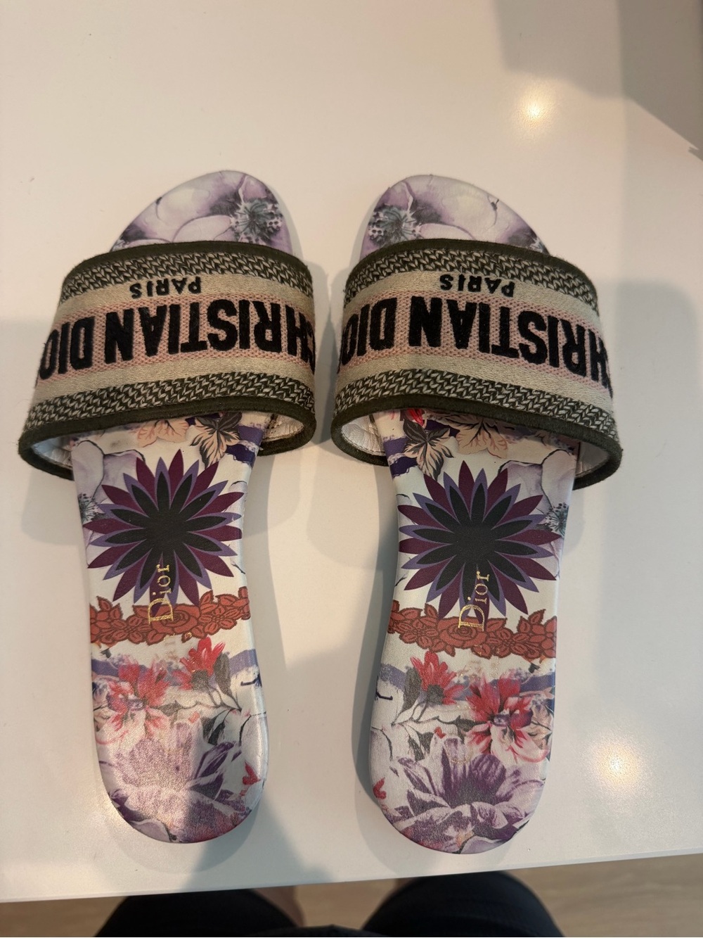 Dior Kids Floral Print Slide Sandals in Purple and Beige